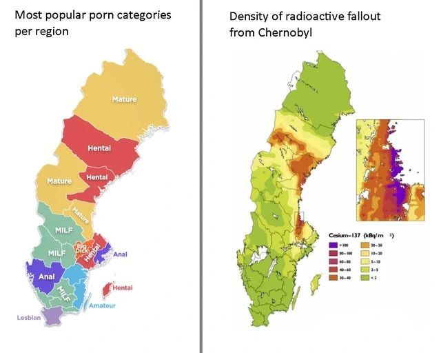 Photo by Big Country on November 27, 2022. May be an image of map and text that says 'Most popular porn categories per region Density of radioactive fallout from Chernobyl Mature Hental Mature Hental Mature Mature MILF MILF Anal Anal Ceslum-13 (kBg/m Hental -100 Lesblan Amateur 00 1-1'.
